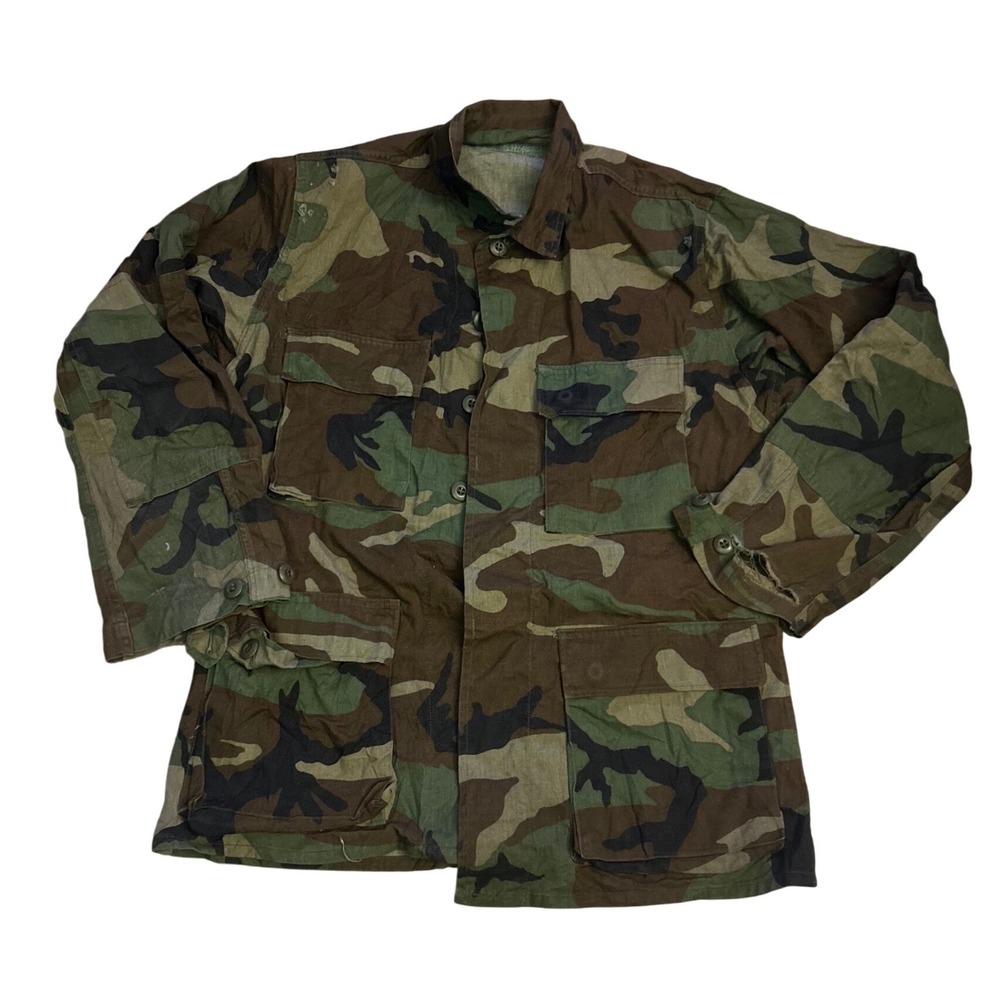 Vintage Military Woodland Camo BDU Field Jacket Ripstop Combat Coat Mens Medium